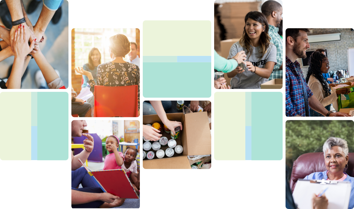 Collage featuring people volunteering at various community events