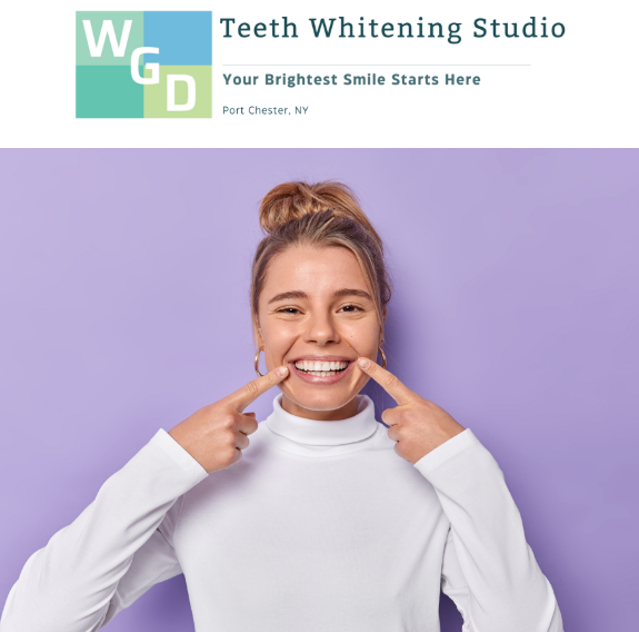 Logo for WGD whitening Studio in Westchester County above image of smiling woman
